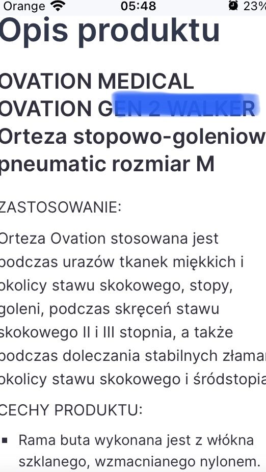 Orteza stawu skokowo -goleniowego.But ortopedyczny Ovation Medical  M