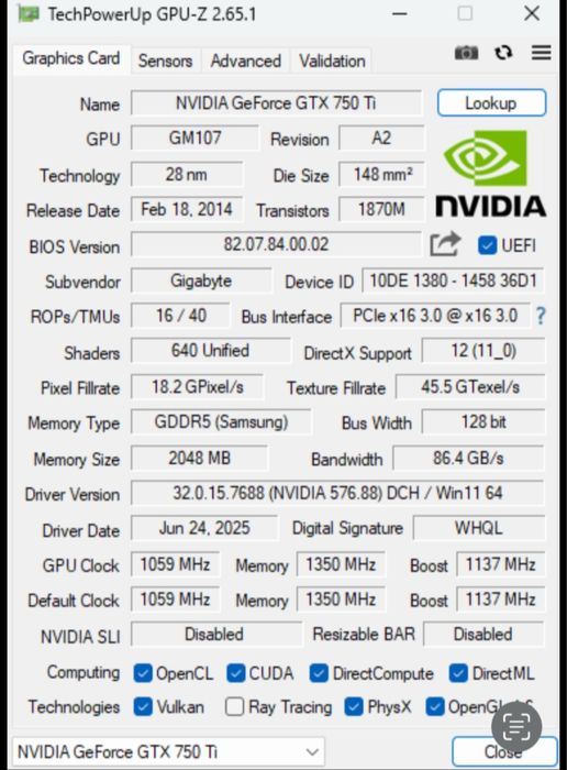 Відео карта  GeForce GTX 750 Ti
Частота пам'яті 5400 МГц
Частота ядра