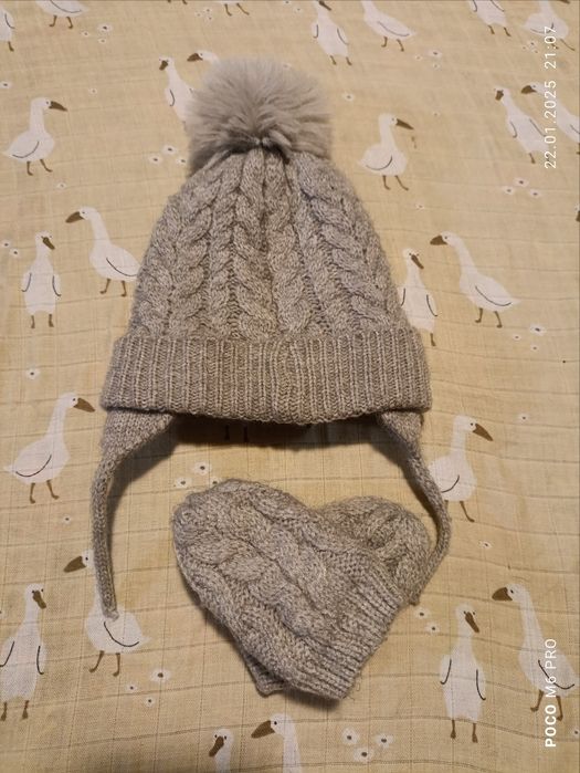 Szara czapka i rękawiczki niemowlęce 3-6mies