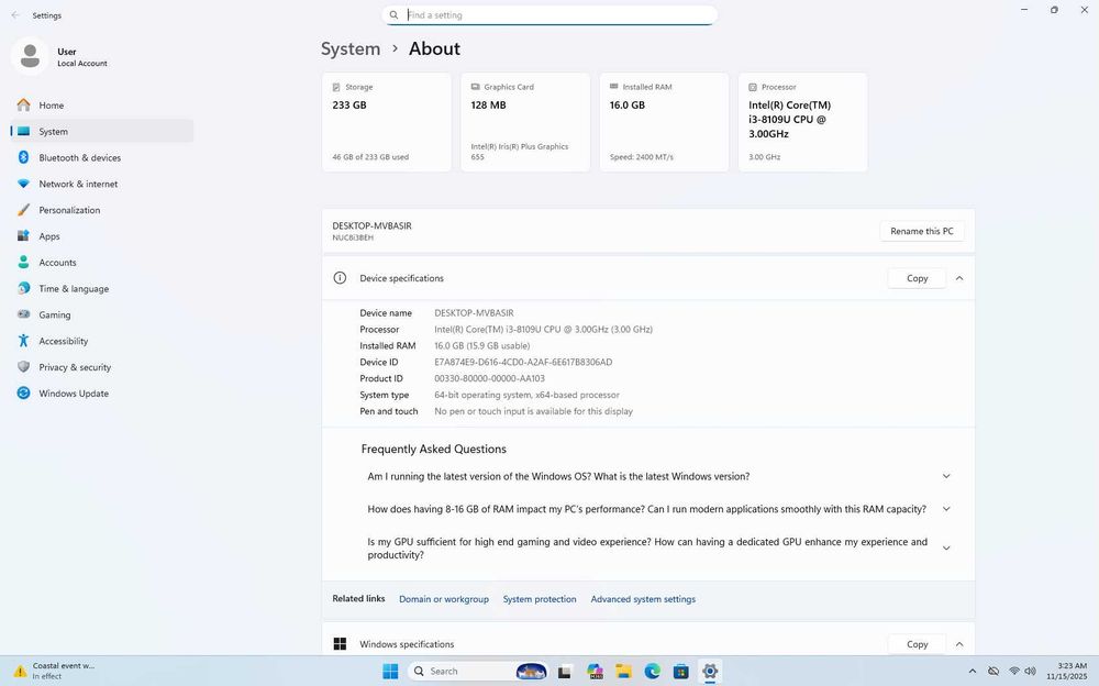 Intel NUC i3 16GB Ram 250GB SSD mini Pc
