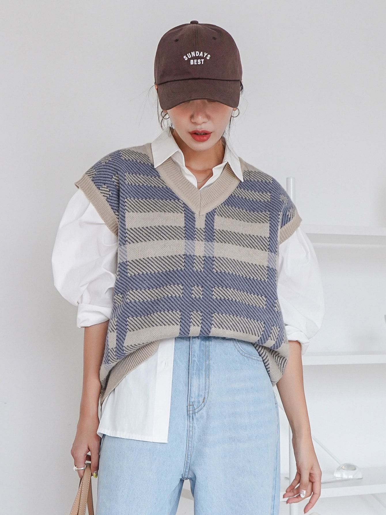 Sweterek Kamizelka Oversize Luźna W Kratkę Z Dekoltem V Casual Dazy M
