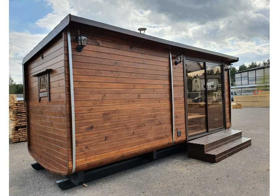 Sauna ogrodowa drewniana PING 5,0x2,4m beczka, ruska bania, fińska