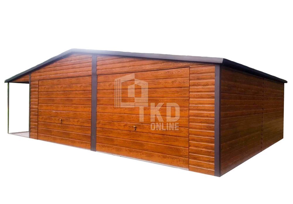 Garaż Blaszany 7,5x5 2x Brama uchylna - Antracyt + jasny orzech TKD137