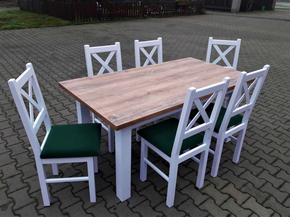 Stol 185/244x95+8 krzesel krzyzowe biale+blat drewno retro