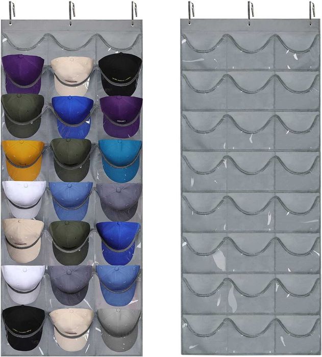 Organizer na czapki, wiszący na drzwi, na 24 czapki, jasnoszary.