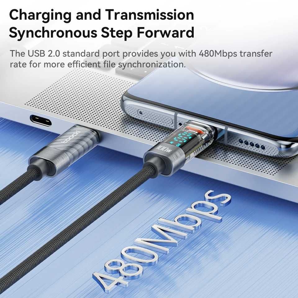 100W кабель с дисплеем С-C, USB-C для быстрой зарядки 1-2 метра