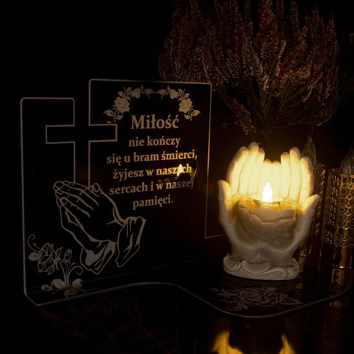 ZNICZ DŁONIE z podstawką elegancki lampion ręce szkło akrylowe