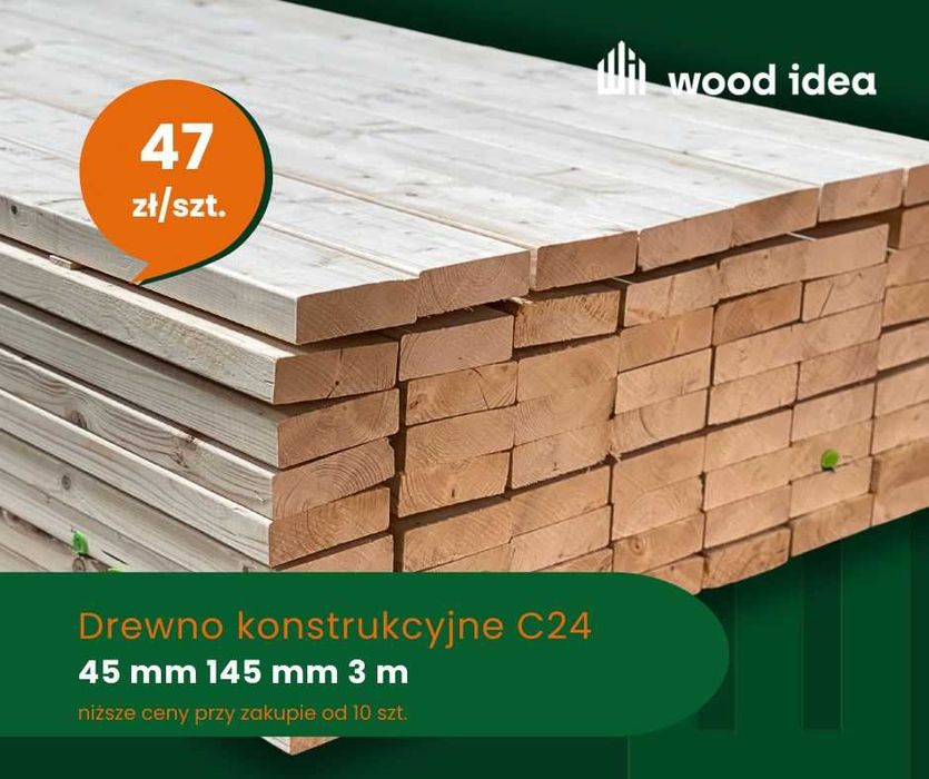 Drewno konstrukcyjne C24 | 4.5 x 14.5 x 300 cm | kantówka | krokwie