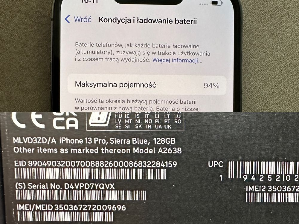 iPhone 13 Pro Błękitny Sierra Blue 128GB Ładny komplet MagSafe bat 94%