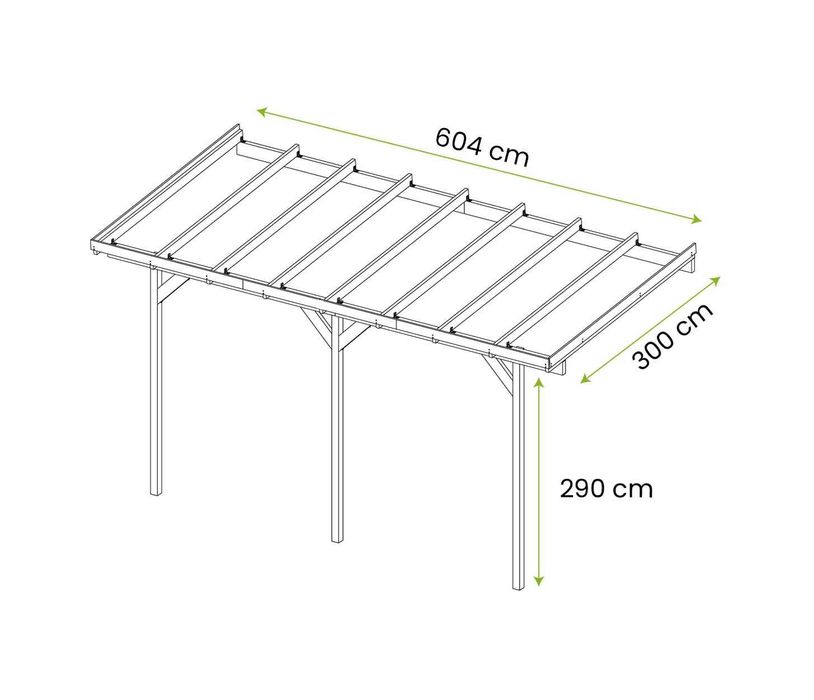 Zadaszenie, wiata przyścienna garażowa drewniana 300 x 604 cm