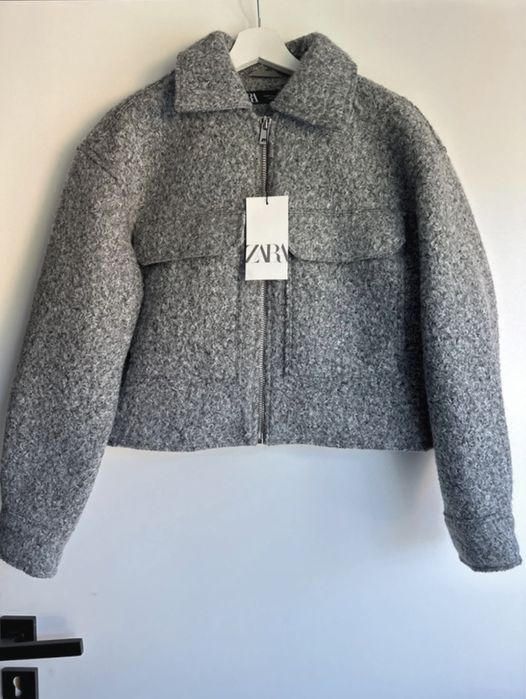 Krótka kurtka boucle Zara szara jesienna przejściowa przejściówka XS