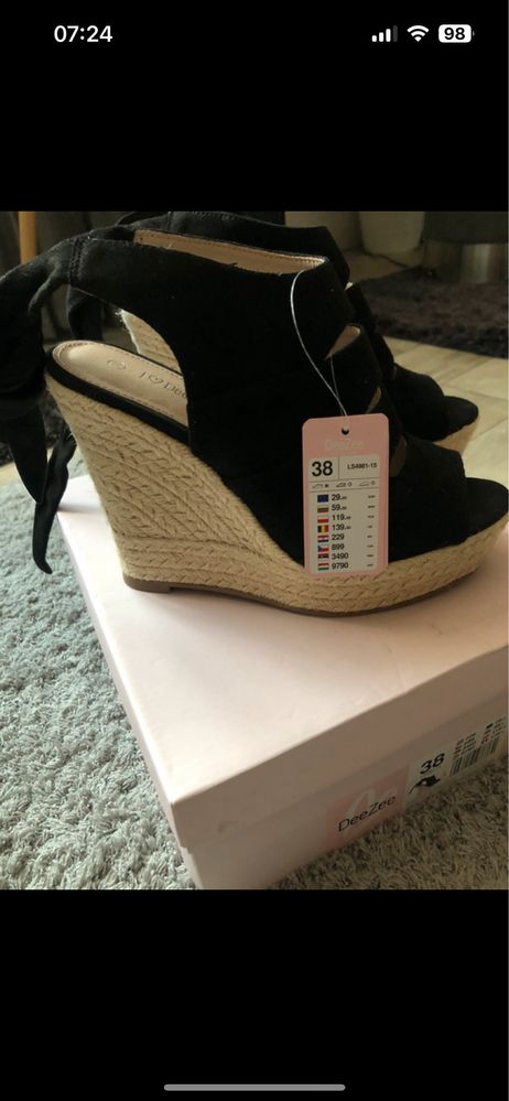 Espadryle koturny DeeZee czarne wiązane rozm 38 nowe