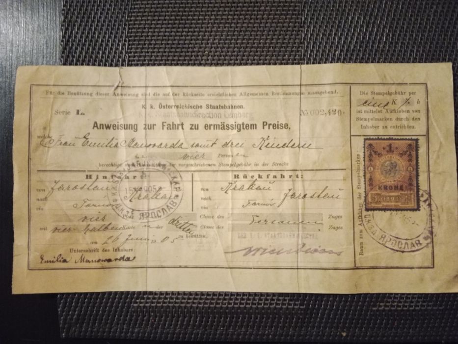 Bilet kolejowy z 1905r.