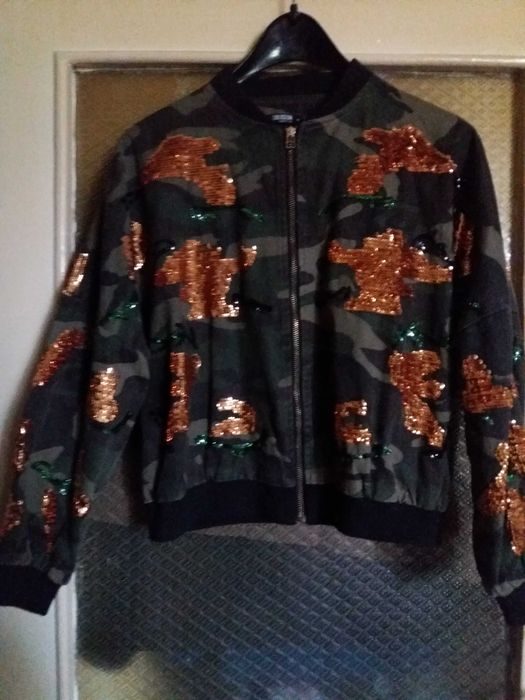 Kurtka bomberka khaki jeans Disco cekiny M