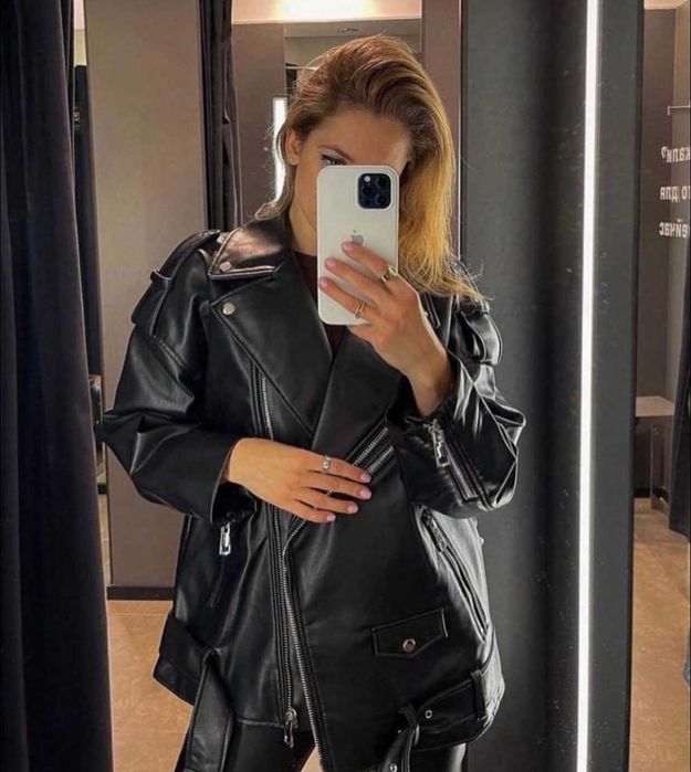 Женская кожаная куртка косуха оверсайз zara