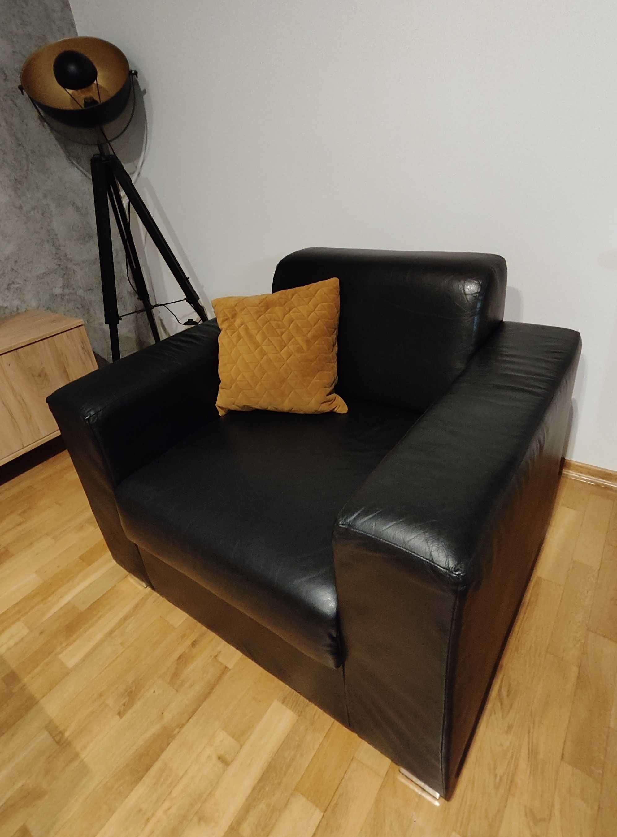 Sofa + 2x Fotel - czarna skóra naturalna - sprężyny - Jakość Premium