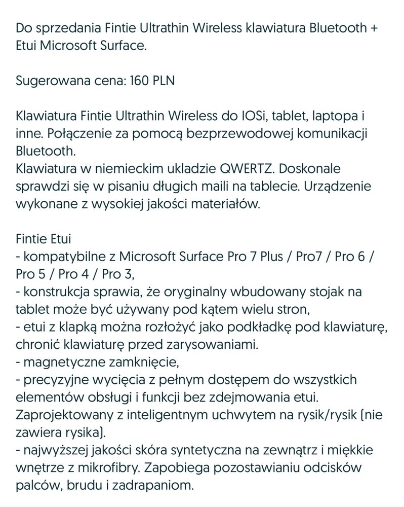 Nowa bezprzewodowa cienka klawiatura plus etui Microsoft Surface Finti