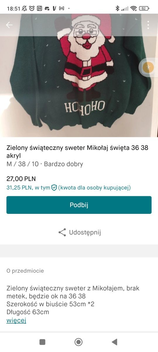 Zielony świąteczny sweter Mikołaj święta 36 38