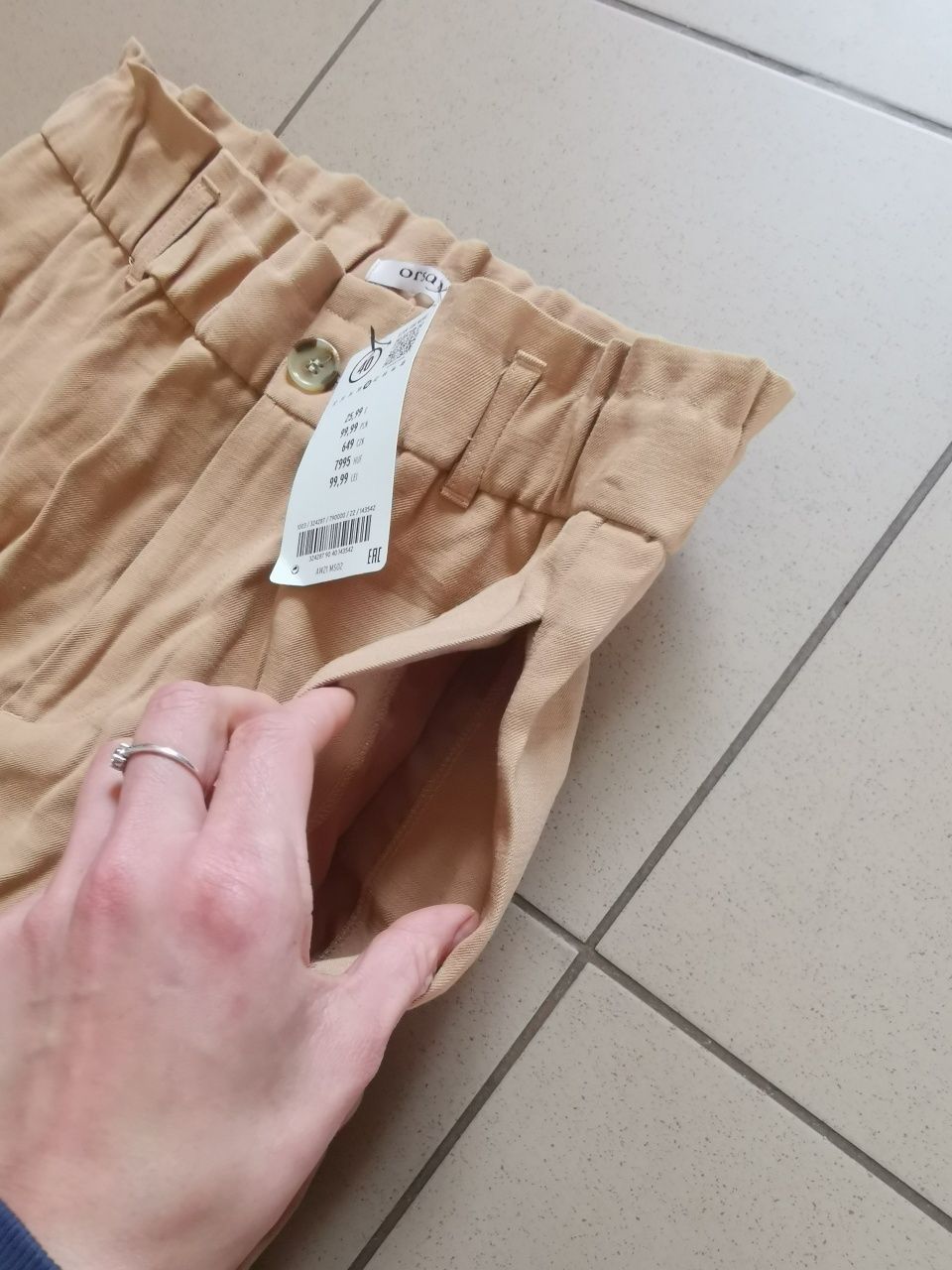 Nowe eleganckie luźne spodnie z wysokim stanem z mankietem L 40 camel