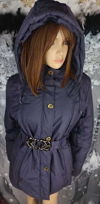 Kurtka damska zimowa Riever XL fioletowa/śliwkowa z paskiem i kapturem