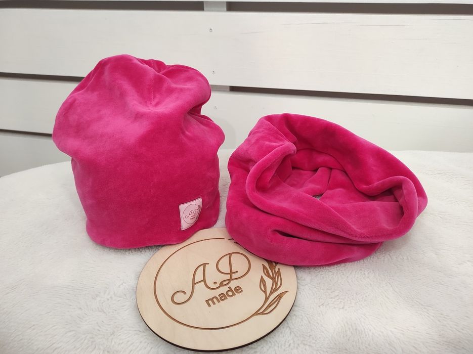 Komplet Welurowy fuksja czapka komin 116,122,128,134,140,146