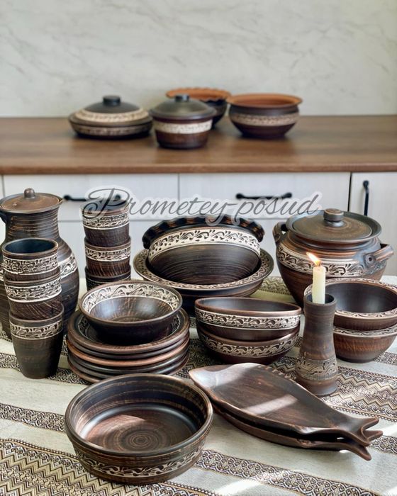 Набір глиняного посуду «Ангоб»,»Мак»,»Візерунок» на 4,6,8,10,12 осіб