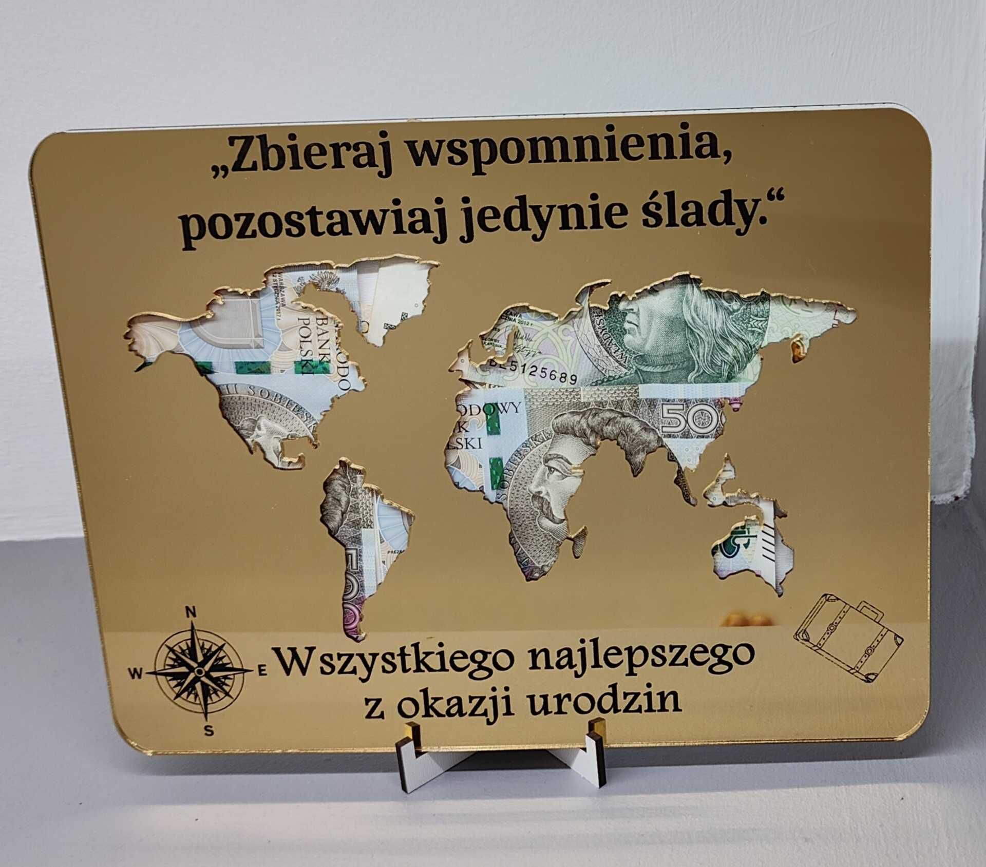 Ramka / karta podarunkowa z mapą świata na urodziny / imieniny lustro