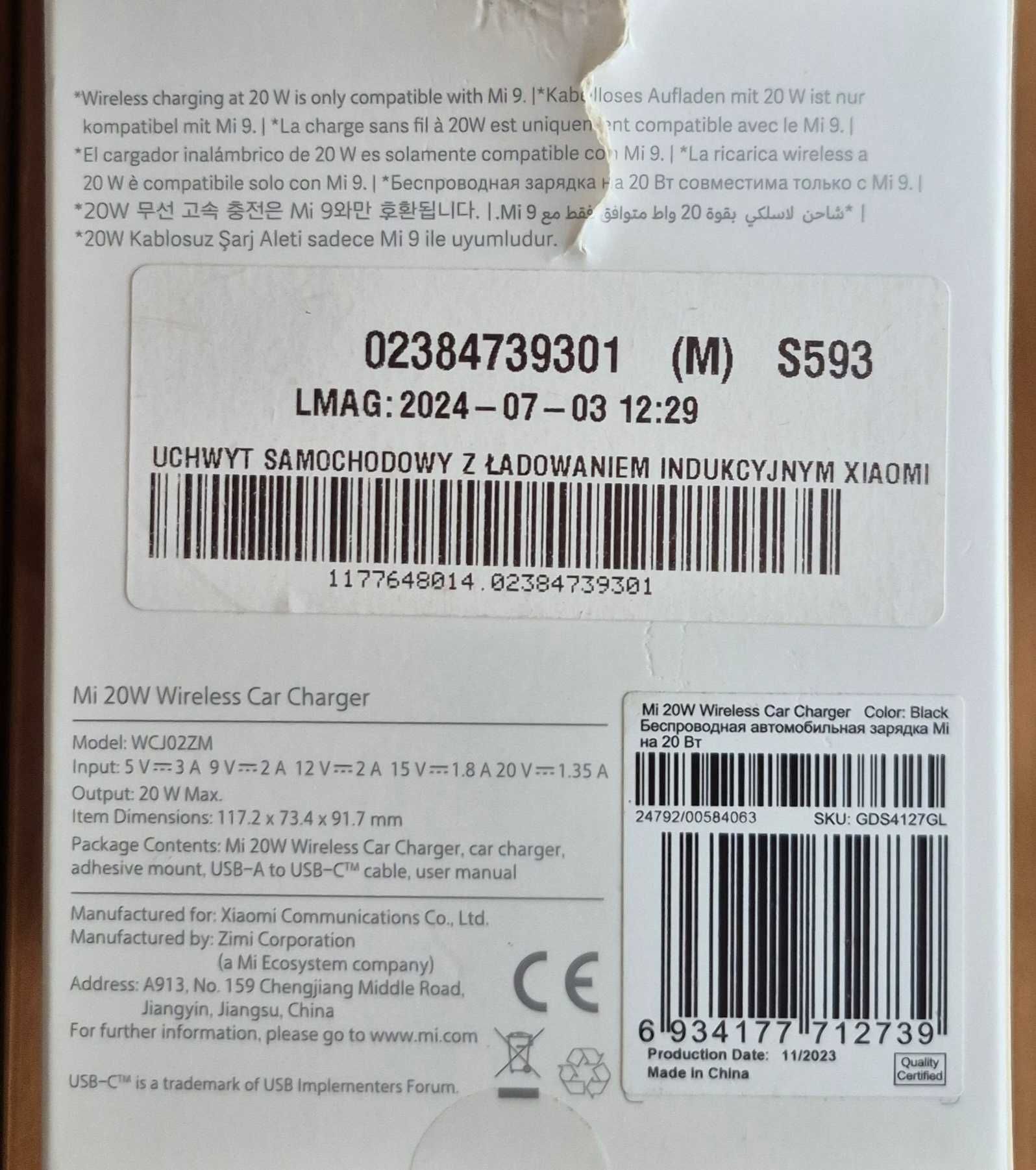 Xiaomi uchwyt z ładowarką samochodową WCJ02ZM