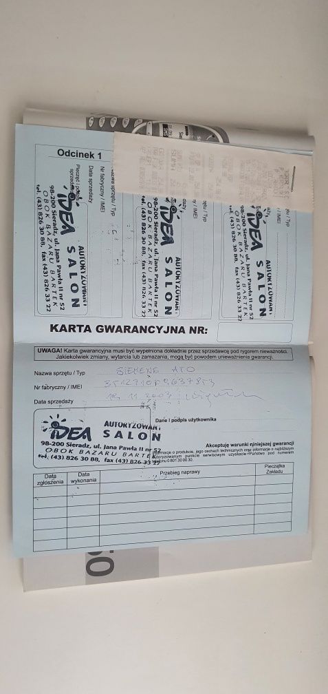 Karty gwarancjne plus instrukcja obsługi Siemens A50 Ericsson GA628