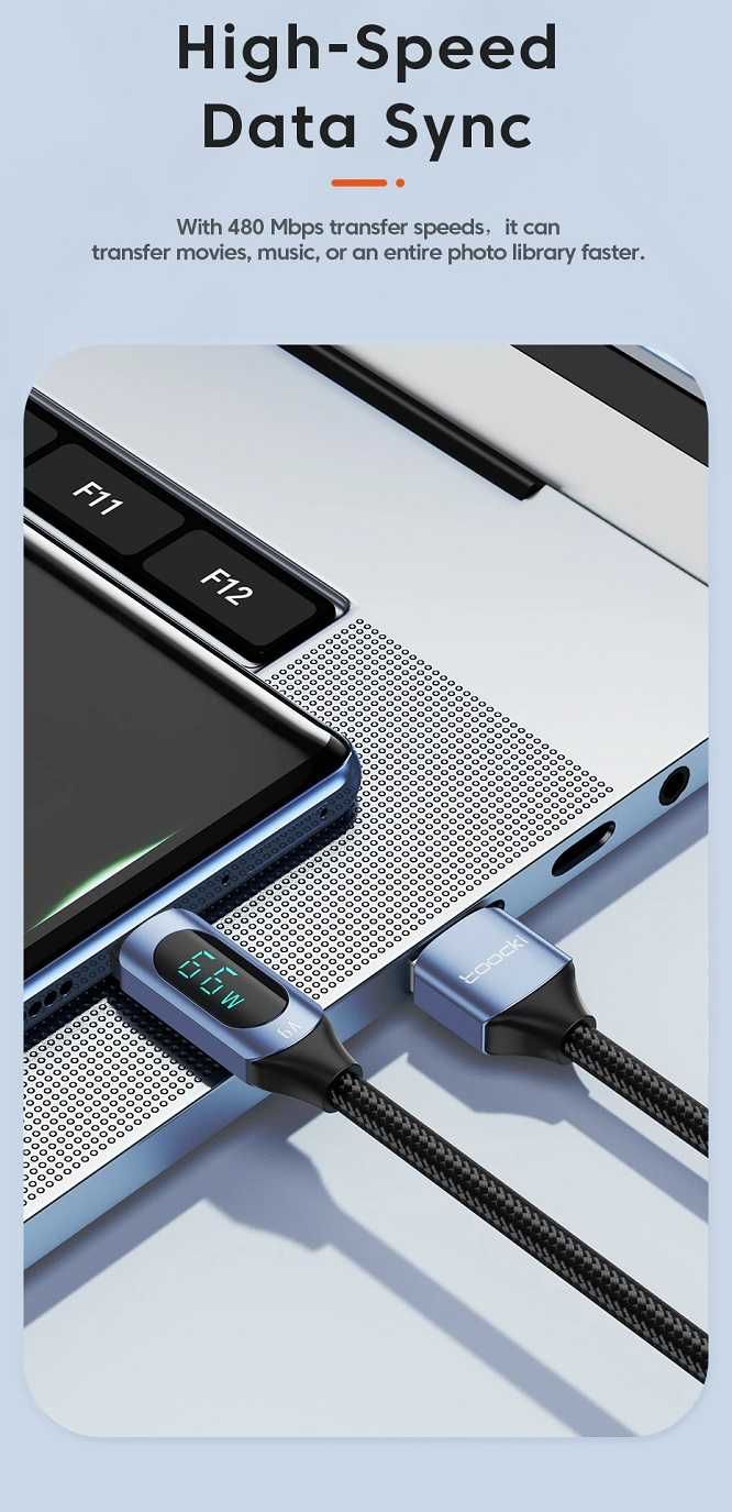 Kabel Toocki USB 6A USB-USB-C QC 3.0 100W Wyświetlacz Full Led 2 metry