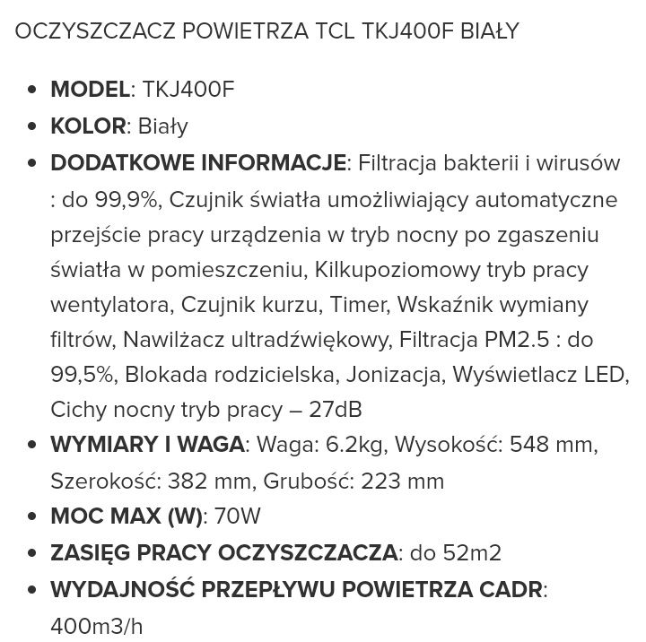Oczyszczacz powietrza TCL TKJ400F - A1