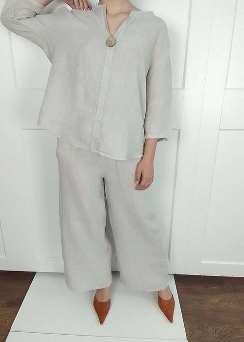 Nowy lniany komplet szerokie spodnie koszula 100% len S M L uniwersaln