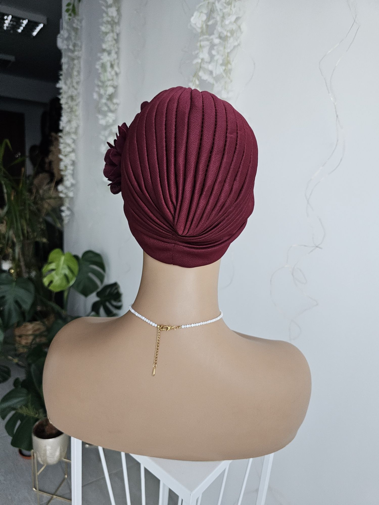Ozdobny turban czepek czapka Ala bordo nakrycie głowy podczas leczenia