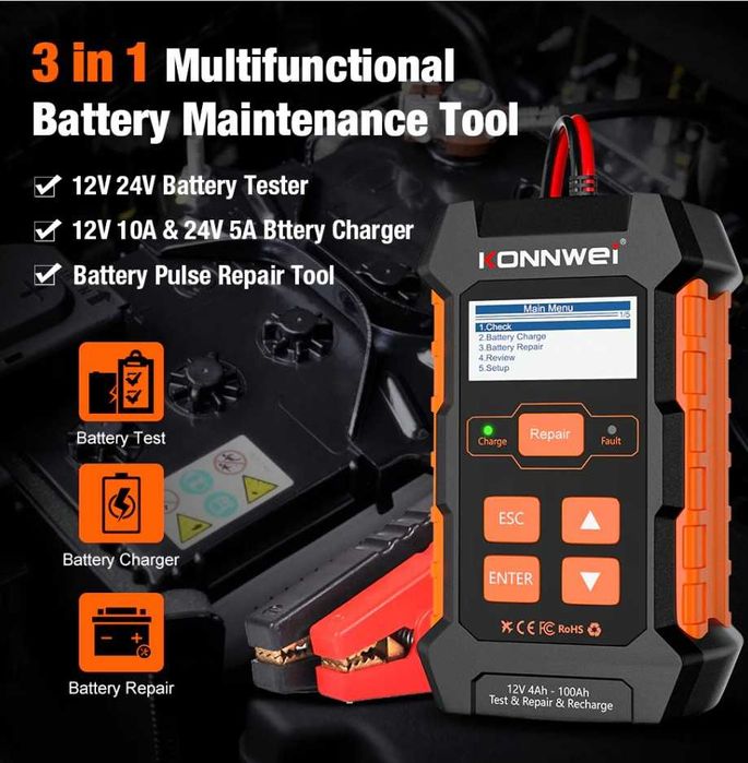 Konnwei KW520 Тестер + зарядное + ремонт акб 12-24 V