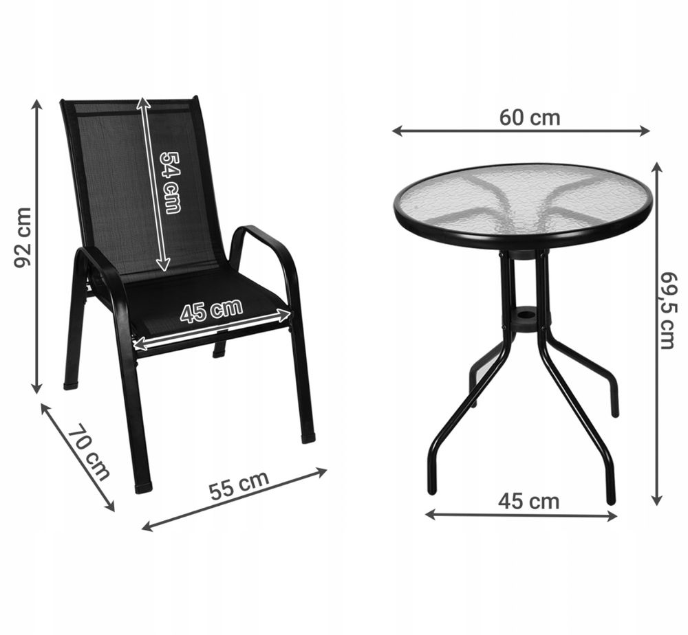 Komplet Mebli Ogrodowych Krzesła + Szklany Okrągły Stolik