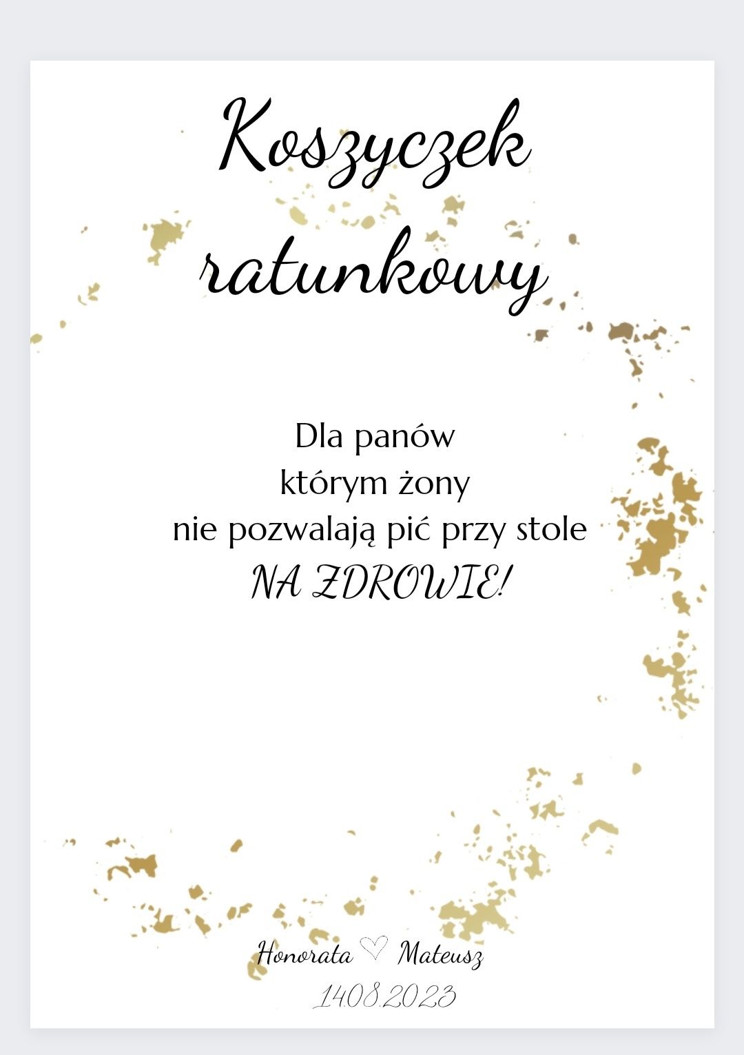 Koszyczek ratunkowy śmieszny napis na wesele ślub przyjęcie wzór pdf