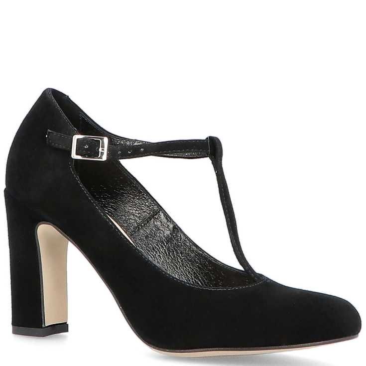 Buty czarne czółenka skórzane zamszowe z paskiem r. 36