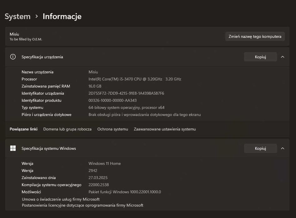 Komputer stacjonarny Intel i5, 16gb ram, 512gb ssd