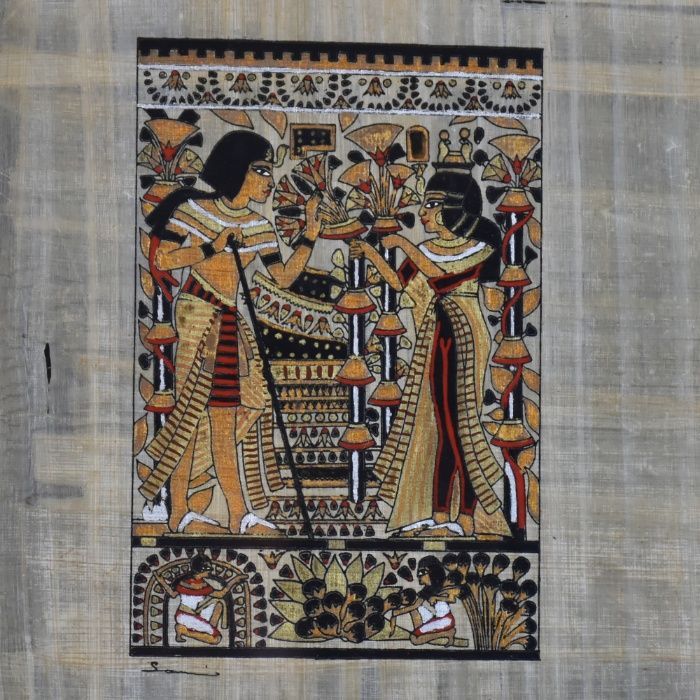 Quadro Egípcio pintado sobre Papiro, emoldurado com vidro duplo