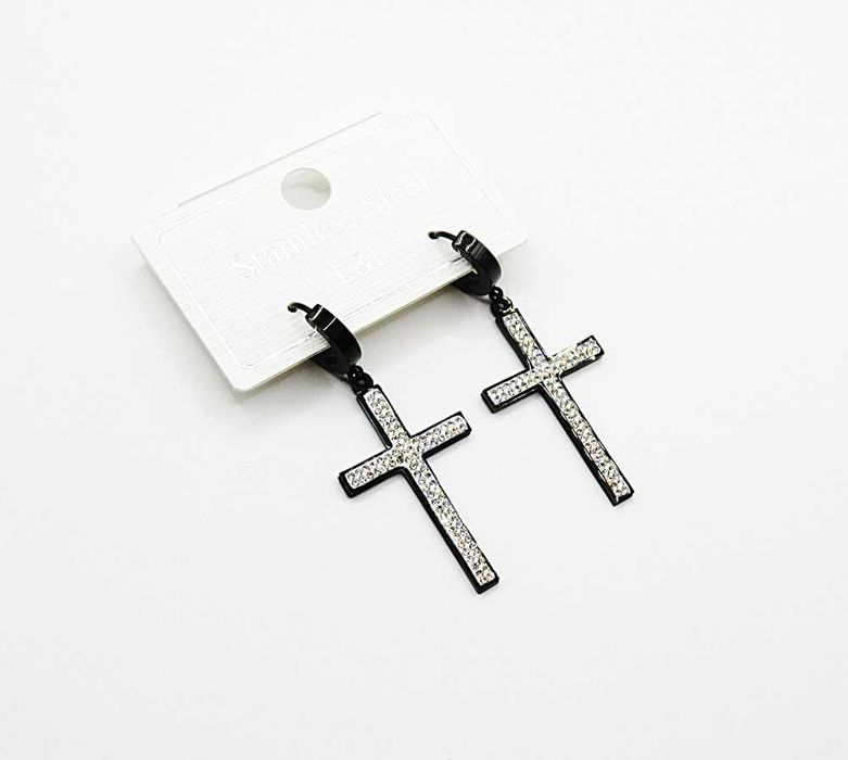 Kolczyki czarne stal chirurgiczna duży krzyżyk białe cyrkonie H298