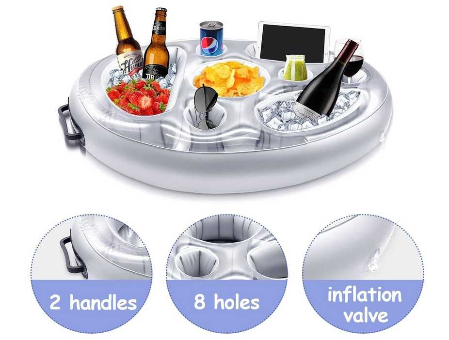 Bandeja insuflável flutuador porta-bebidas garrafas piscina 51 x 70 cm