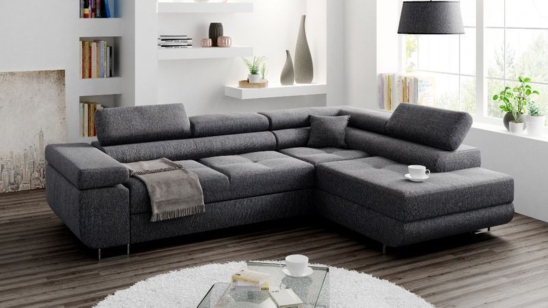 NOWOCZESNY Narożnik MIAMI sprężyny REGULOWANE zagłówki rogówka sofa