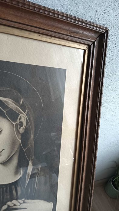 Bardzo stary obraz religijny w ramie drewnianej+ szkło