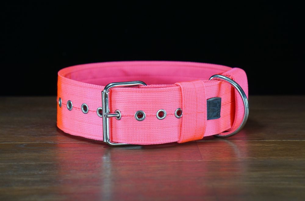 Neonowy róż. Mocna obroża o szerokości 5 cm.