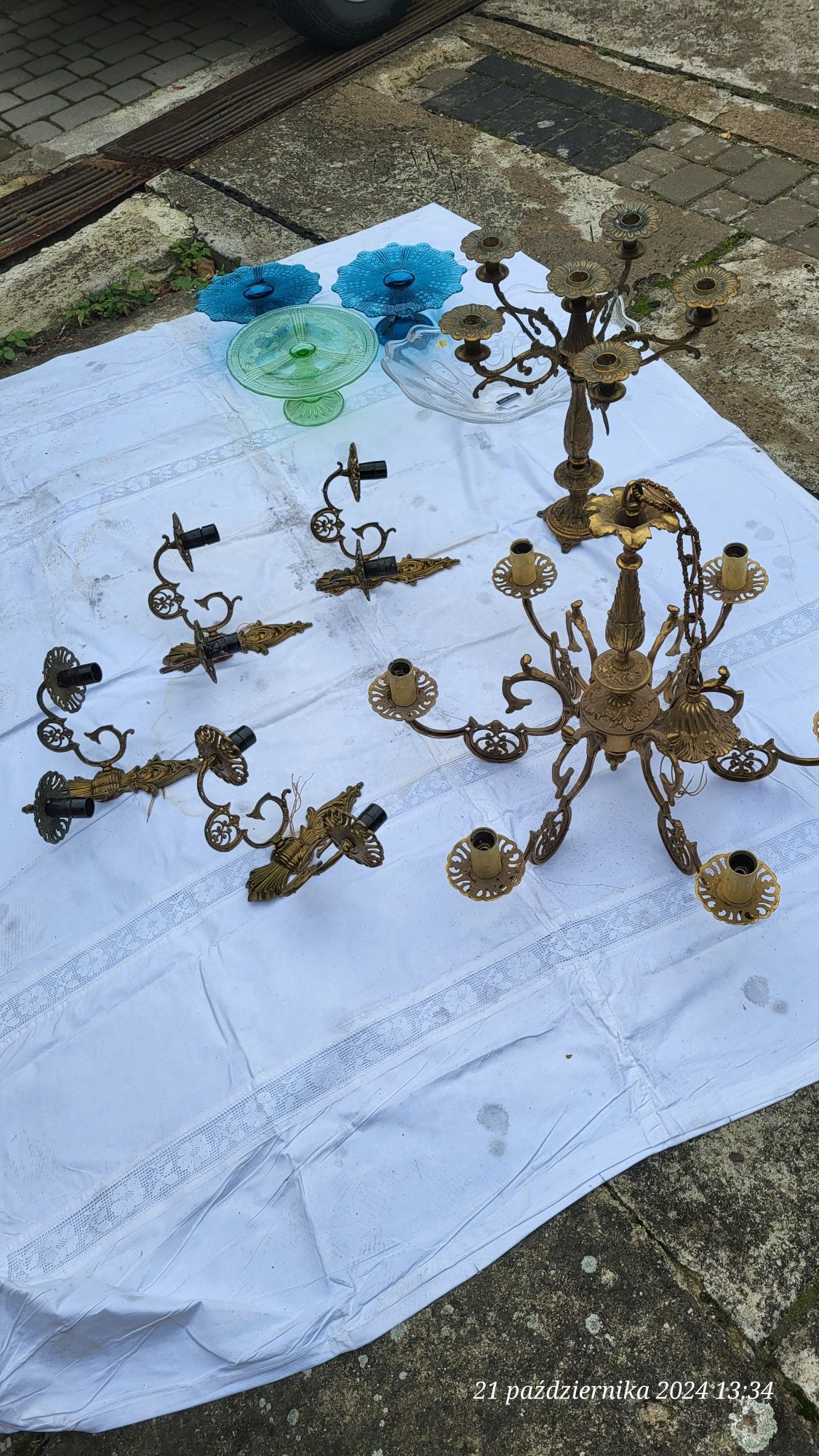 Mosiężna lampa kinkiety świecznik całość