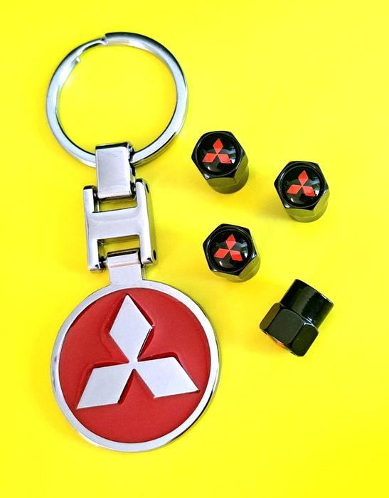 ** NOWY Brelok MITSUBISHI + Nakrętki na wentyle czarne komplet tuning