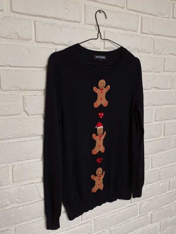 Czarny sweter sweterek świąteczny na święta cekinowe serce xl