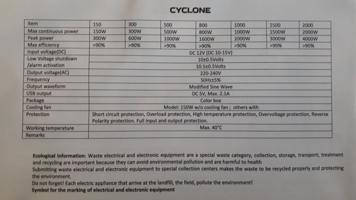 Инвертор Cyclone AC-300, 300W