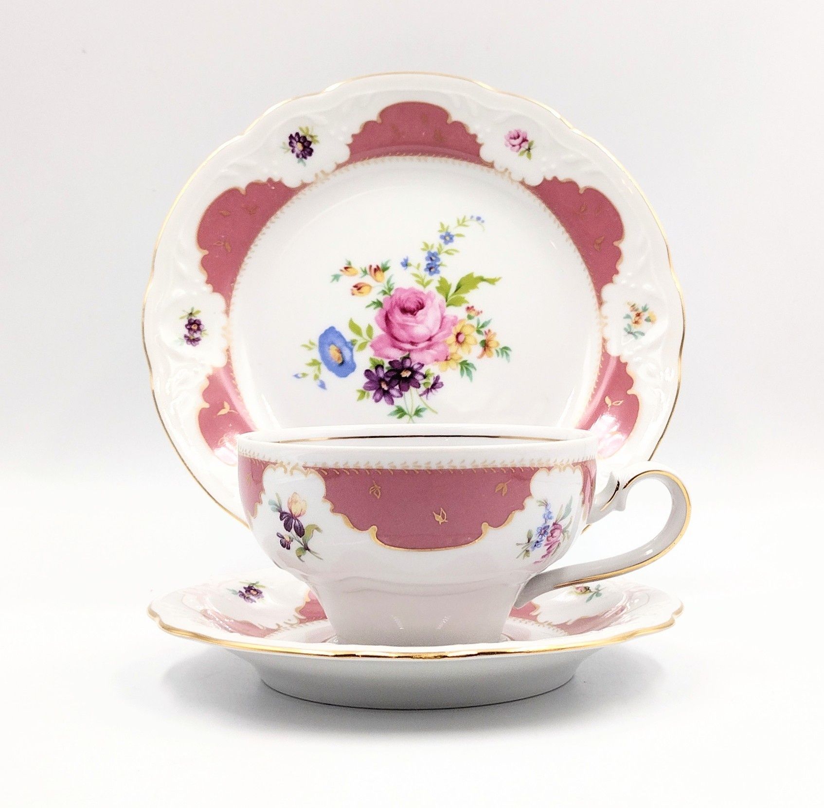 Trio filiżanka Kahla pastelowa porcelana kwiaty różowa retro róże zloc