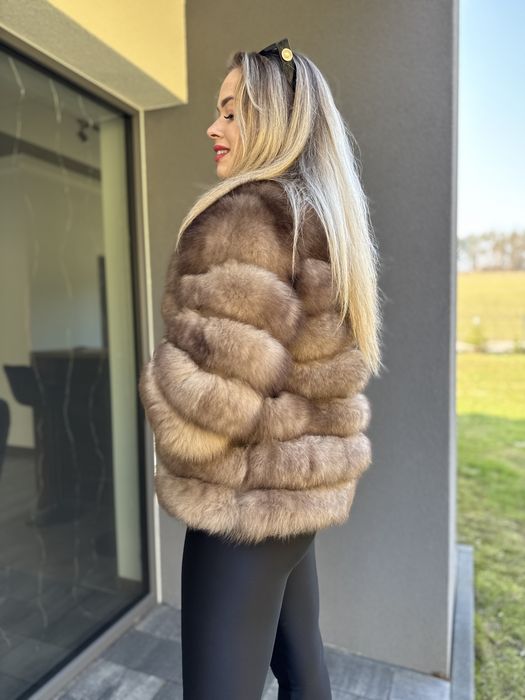 Futro naturalne z lisa 3 w 1 brązowe ombre kamizelka płaszcz 100% xs/s